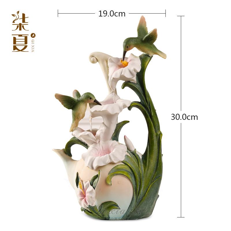 蜂鸟百合流水喷泉摆件小型桌面摆设创意家居饰品树脂工艺定制发