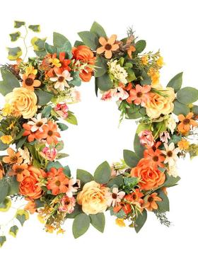 鸿禹40CM小野菊牡丹花环橘黄色丰收节门挂装饰前门花环