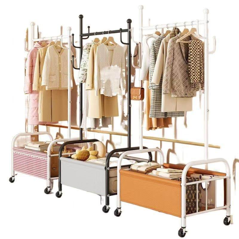 轻奢皮兜衣架落地家用卧室挂衣架衣服移动带轮晾衣架收纳筐衣帽架