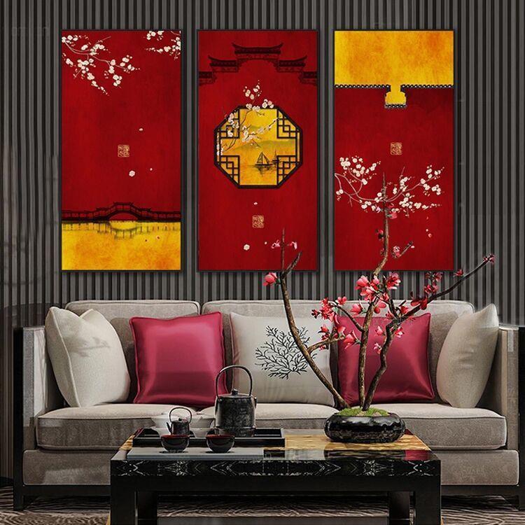 新中式装饰画中国风古典梅花挂画客厅背景墙餐厅书房宫廷建筑壁画
