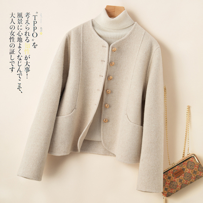 冬季新款双面羊绒大衣女短款圆领小香风韩系加厚小个子羊毛呢外套