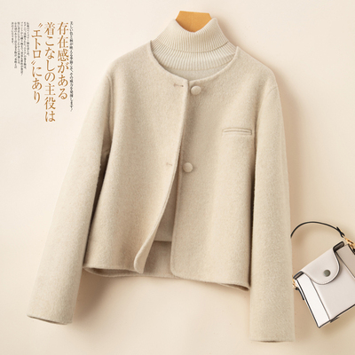 秋冬反季双面羊绒大衣女短款圆领小香风韩系加厚小个子羊毛呢外套