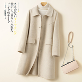 娃娃领修身 反季 秋冬天赫本风双面羊绒大衣女中长款 人字纹毛呢外套