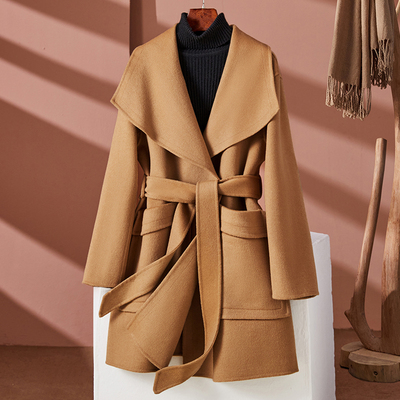 秋冬天新款双面羊绒大衣女中长款宽松系带韩版浴袍款纯羊毛呢外套
