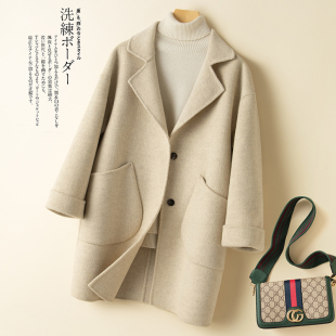 秋冬天赫本风双面羊绒大衣女中长款人字纹宽松斗篷茧型羊毛呢外套