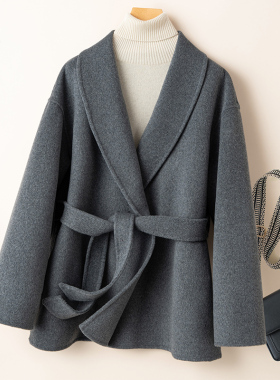 冬季双面羊绒大衣女青果领中长款宽松系带韩系小个子纯羊毛呢外套