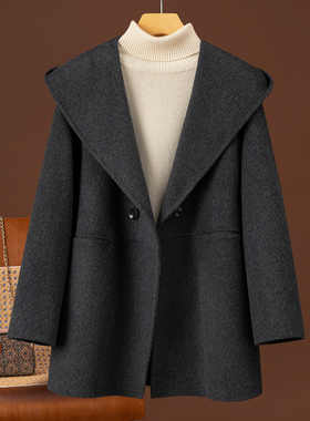 秋冬新款双面羊绒大衣女连帽双排扣简约高端宽松小个子羊毛呢外套