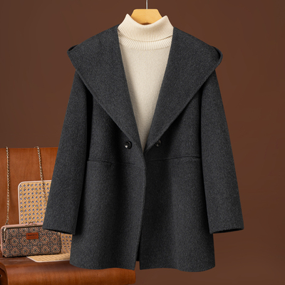 秋冬双面羊毛连帽双排扣女大衣