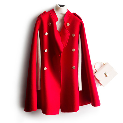 明星同款赫本风双面羊绒大衣女立领宽松中长款纯羊毛呢子斗篷外套