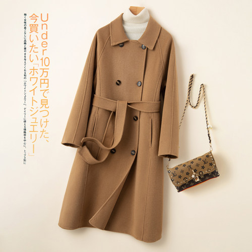 秋冬新款双面羊绒大衣女娃娃领长款过膝系带插肩袖纯羊毛呢子外套