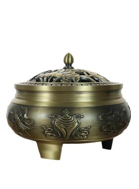 复古神话黄铜三足香炉大号带盖古色铜香炉花纹仿古金属盘香炉佛具