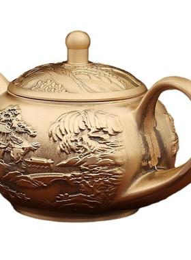 黄铜山水茶壶创意浮雕山水画茶具家居办公室会客茶几装饰桌面摆件