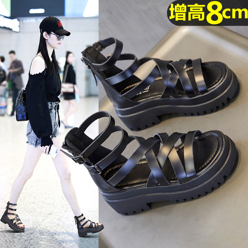 头层牛皮真皮凉靴坡跟8CM罗马凉鞋夏休闲运动鞋高帮休闲女鞋厚底