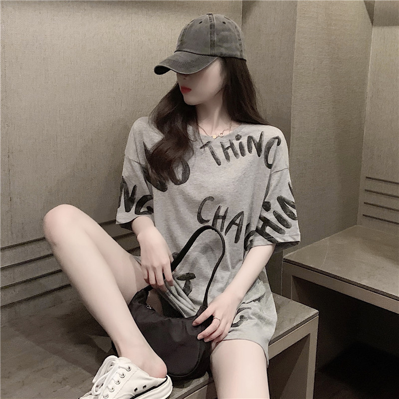 韩国2025春夏短袖t恤女韩版灰色字母印花宽松中长款ins欧货大码潮