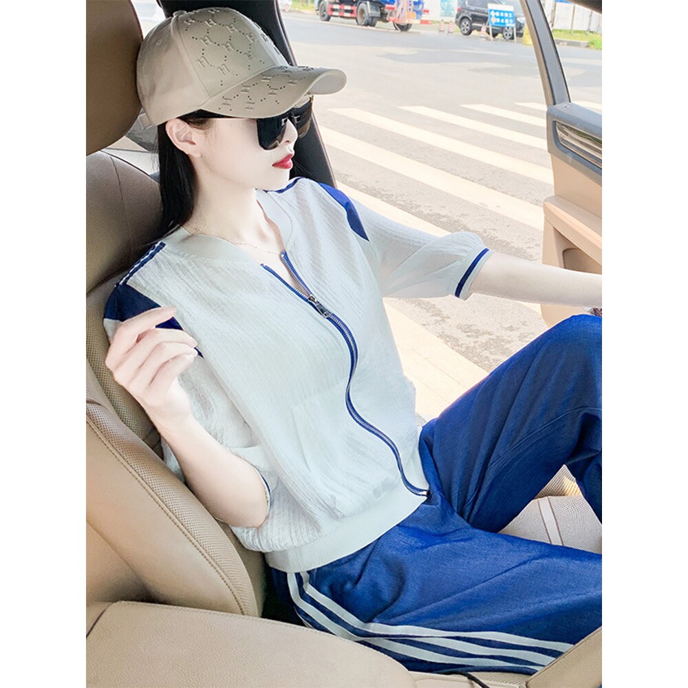 欧洲站休闲运动套装女2025年夏季新款时尚牛仔阔腿裤两件