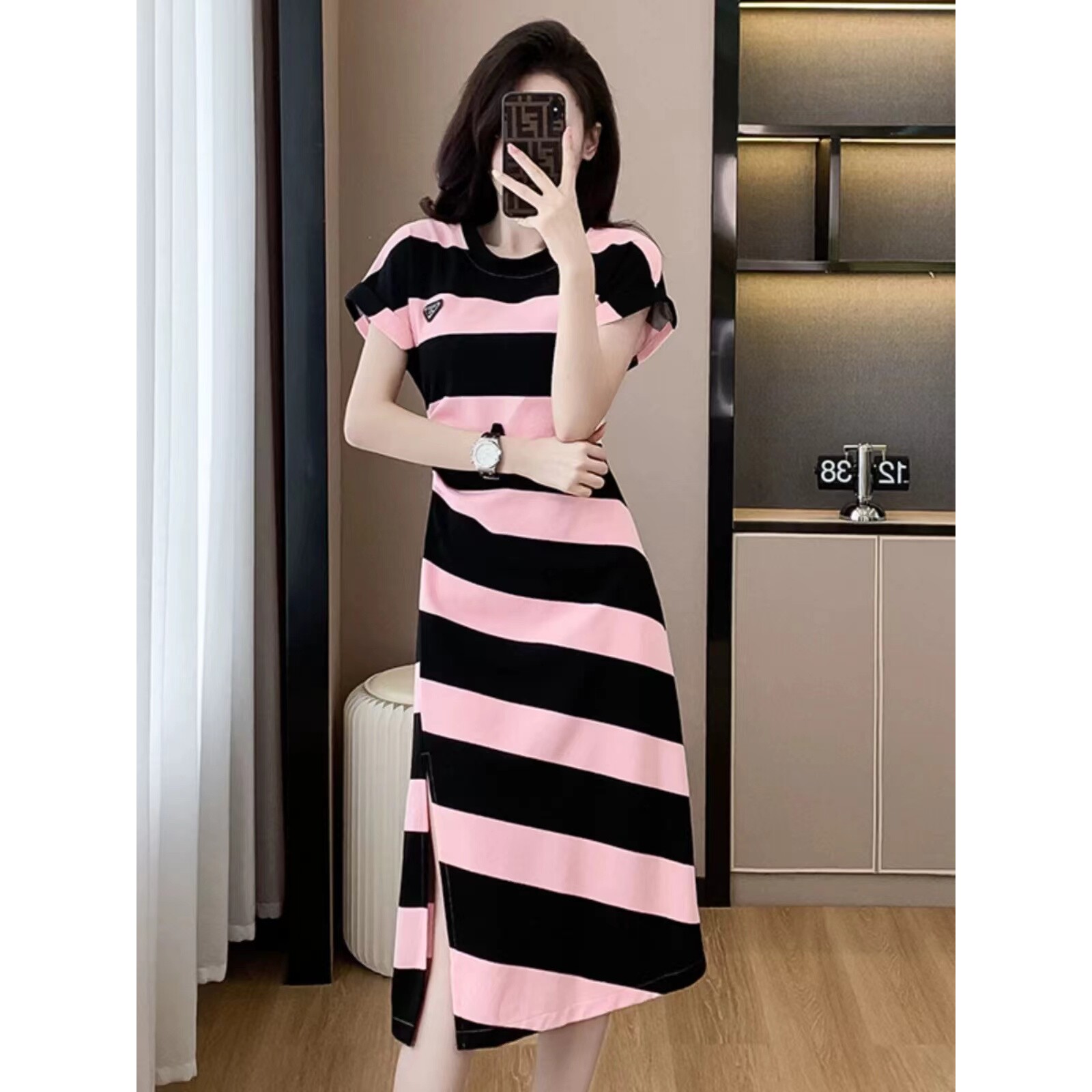 法式多巴胺粉色条纹棉t恤裙子女士夏季设计感收腰显瘦开叉连衣裙