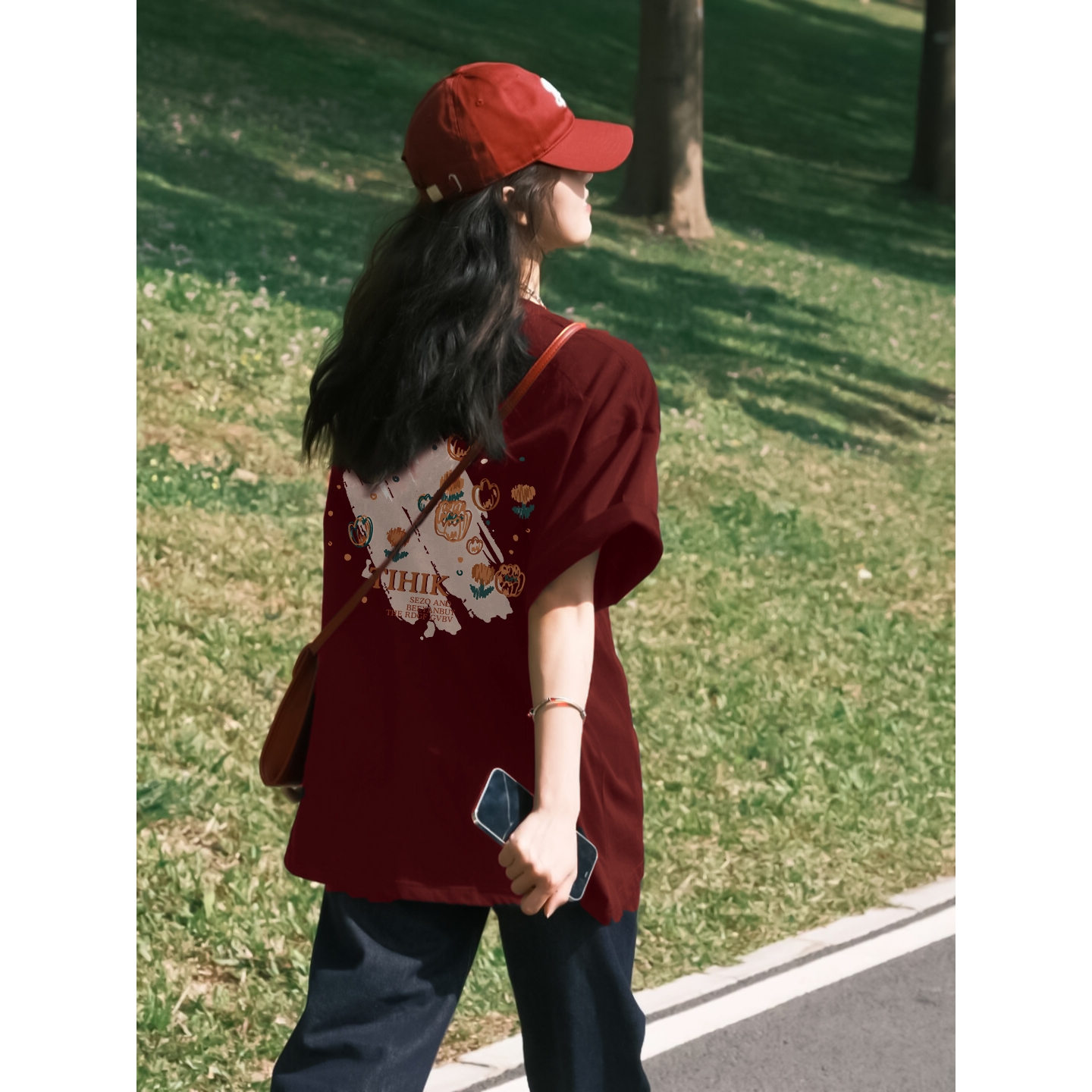 酒红色重磅正肩t恤夏季美式潮牌显瘦上衣女宽松纯棉短袖2024新款