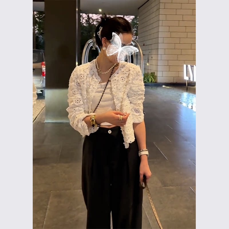 夏装搭配一整套时尚松弛感穿搭白色镂空上衣2024新款女装防晒套装