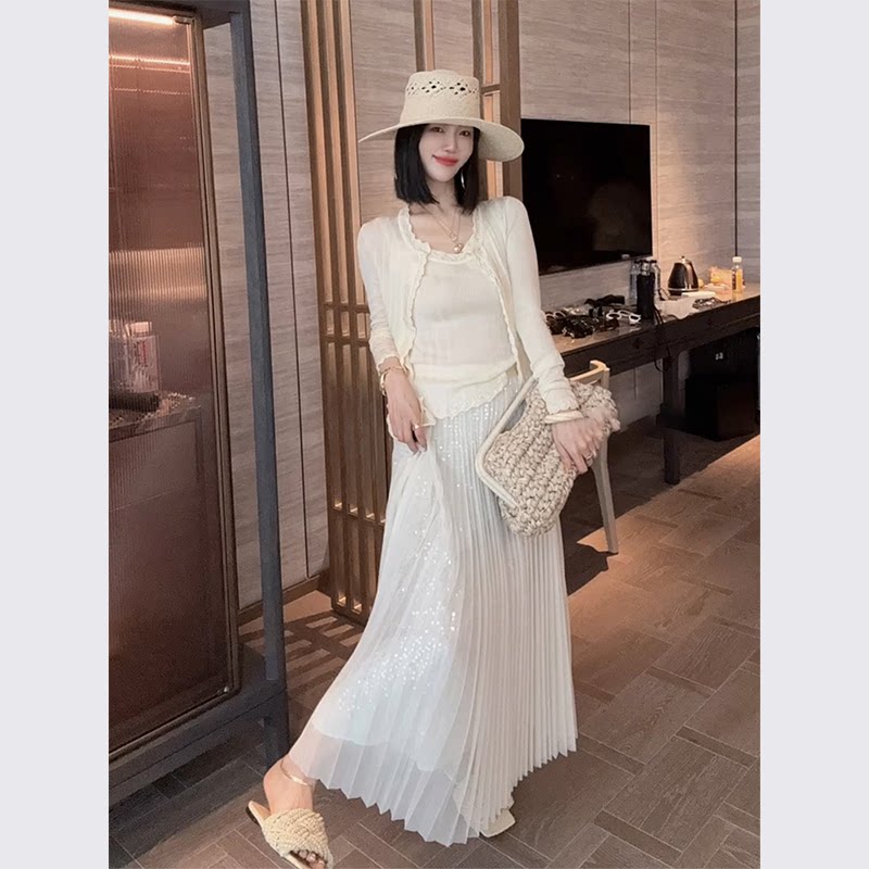 绝美海边度假高端精致气质白色吊带连衣裙子套装2024夏季新款女装