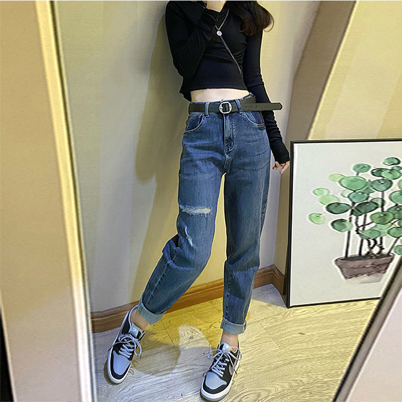 高腰破洞牛仔裤女春秋2025夏季新款显瘦宽松哈伦裤直筒时尚九分裤