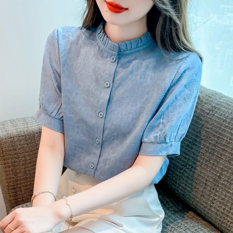 香港TIMO夏季时尚减龄提花纯棉衬衫女洋气全棉立领上衣薄款衬衣