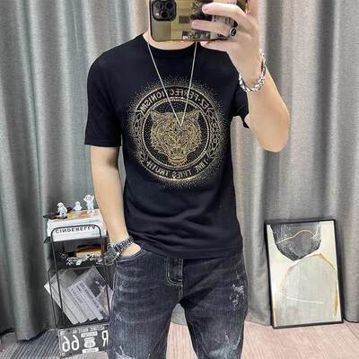 Trend Mr潮牌韩版重工烫钻老虎头印花T恤男士夏季新款丝光棉短袖