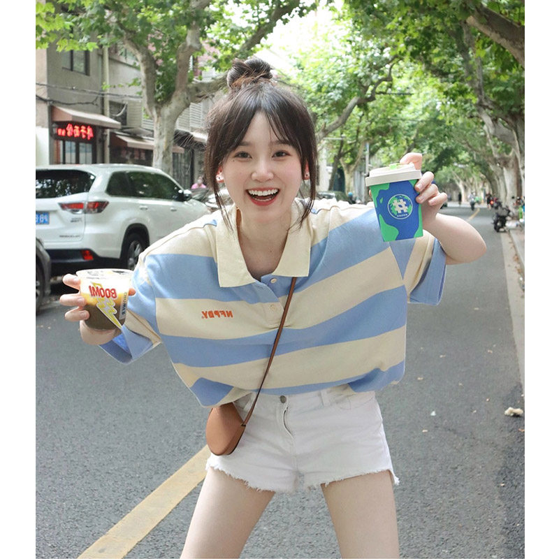 潮牌甜美撞色条纹polo领短袖T恤女2024夏季新款韩版百搭减龄上衣