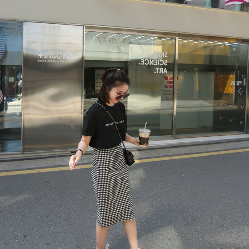 专柜2025新款夏季黑白格子半身裙韩版高腰包臀裙休闲一步裙女长裙