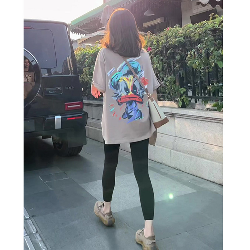 韩国春夏短袖t恤女半袖宽松休闲大版纯棉涂鸦印花显瘦长款上衣潮