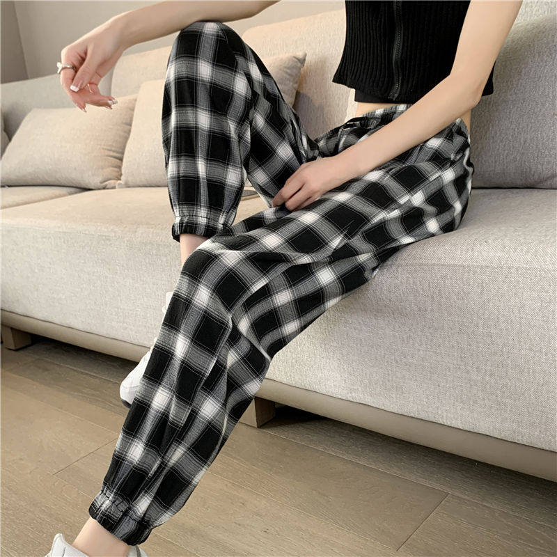 冰丝格子运动裤女直筒垂感夏季薄款凉凉灯笼九分休闲萝卜哈伦裤子