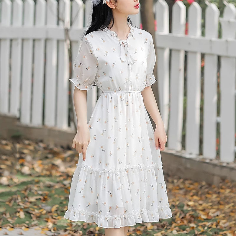 Mularsa高端时尚雪纺碎花连衣裙女夏季2024新款休闲显瘦收腰裙子