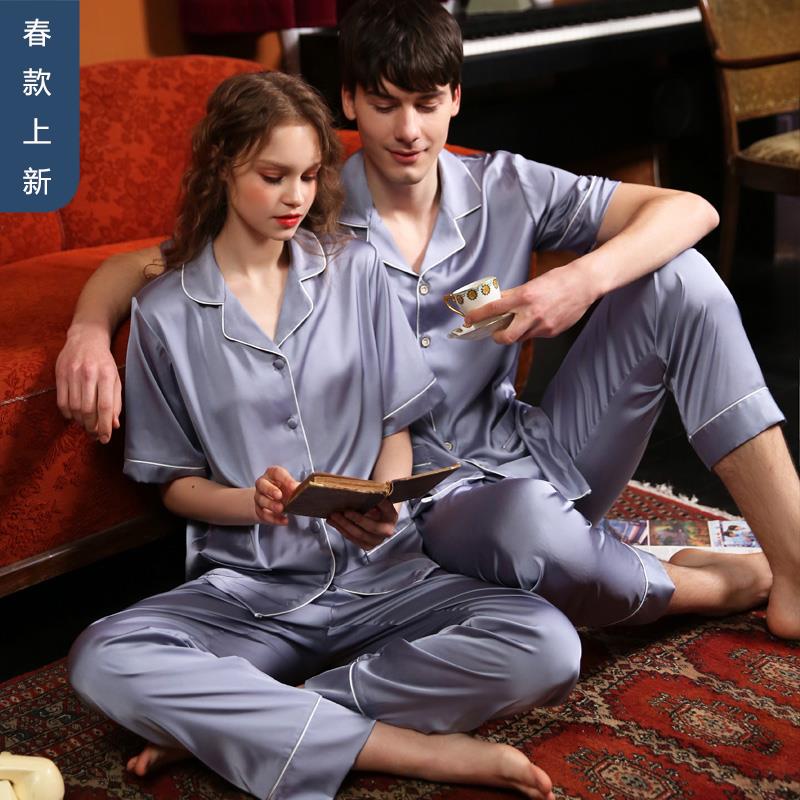 2025年新款桑蚕丝睡衣男女短袖情侣冰丝大码夏季真丝绸家居服套装