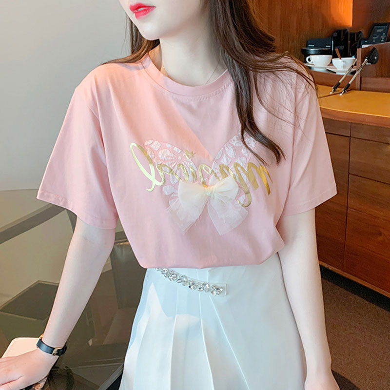 韩国短袖T恤女夏季新款设计感洋气减龄小衫宽松显瘦圆领粉色上衣