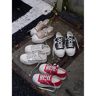 2024年春季新款欧货女鞋厚底松糕底休闲鞋帆布系带圆头做旧可踩跟