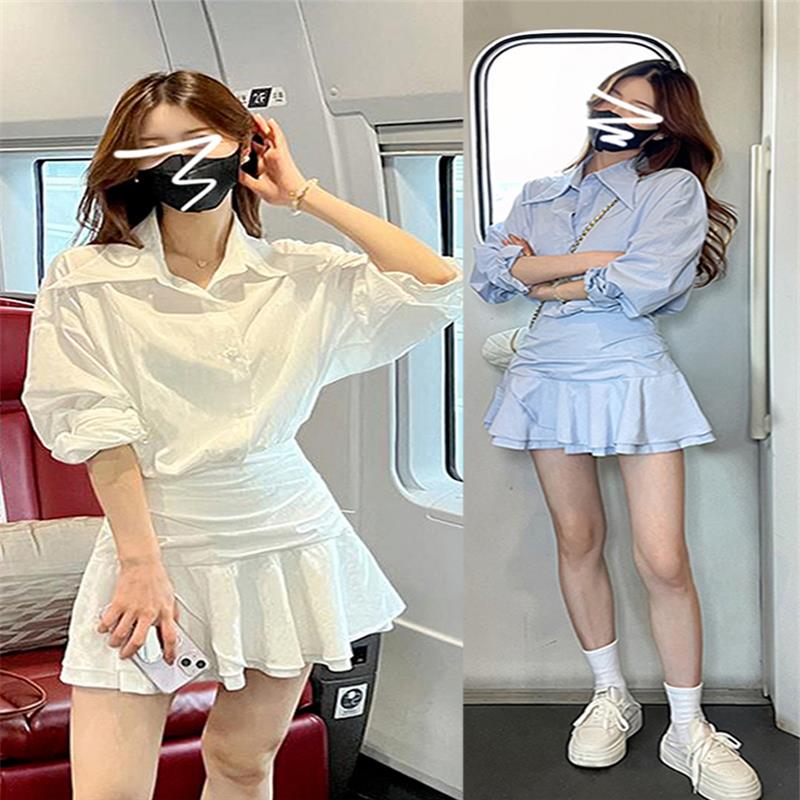 香港白色假两件衬衫连衣裙女夏季2025新款小个子气质a字短裙欧货