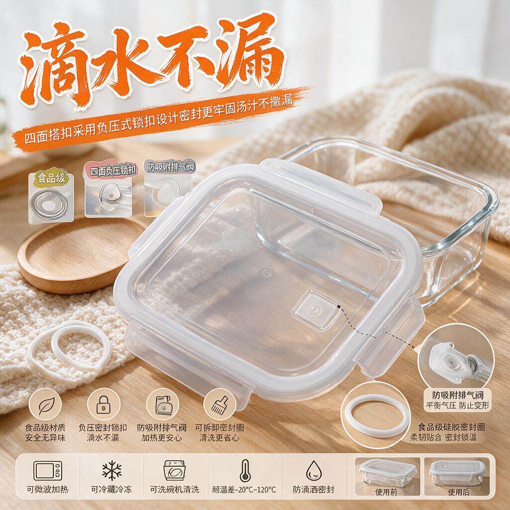 玻璃饭盒盖子配件长方形保鲜微波炉密封便当盒碗密封