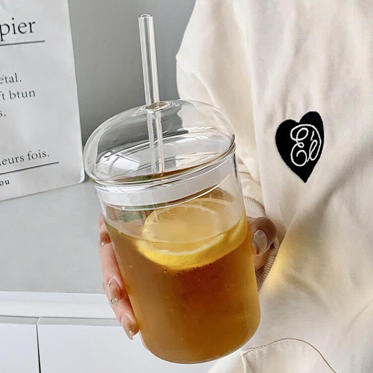 简约ins大容量水杯玻璃吸管杯带盖果汁饮料杯耐热高硼硅咖啡杯子