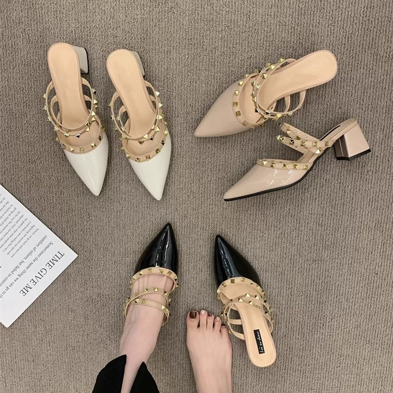 法式尖头粗跟小香风铆钉高跟凉鞋女26春夏新款时尚外穿包头半拖鞋,女鞋,时装凉鞋,淘宝优惠券,粉丝福利购,淘宝优惠卷
