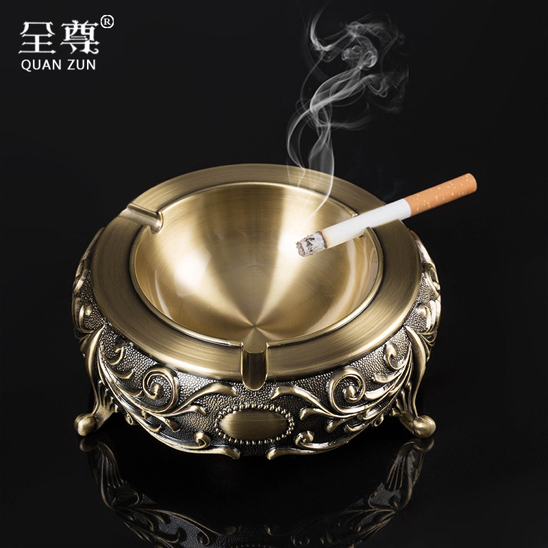 铜烟灰缸欧式复古铜摆件带盖防飞尘家H用客厅创意个性潮流家居饰