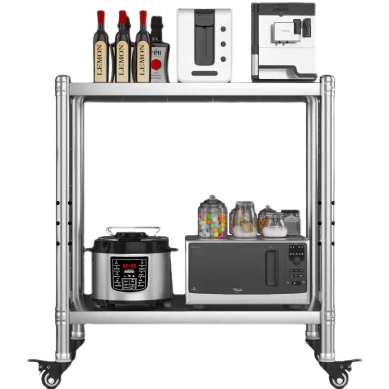 可移动厨房不锈钢置物架锅架微波炉E烤箱收纳货架两三四层带轮定