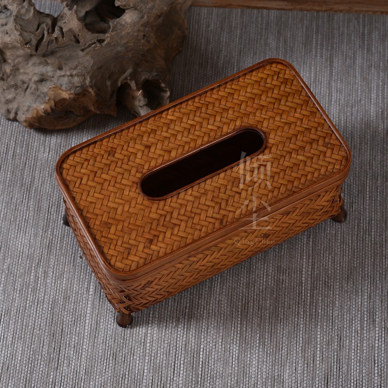 丁香竹编纸巾盒纯l手工餐巾纸盒中式茶室家用客厅长方形大漆抽纸