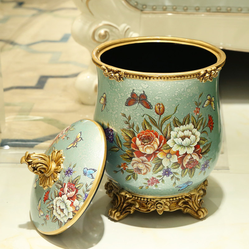 大号欧式复古客厅带盖垃圾桶家用创意装饰品收P纳桶树脂工艺品摆