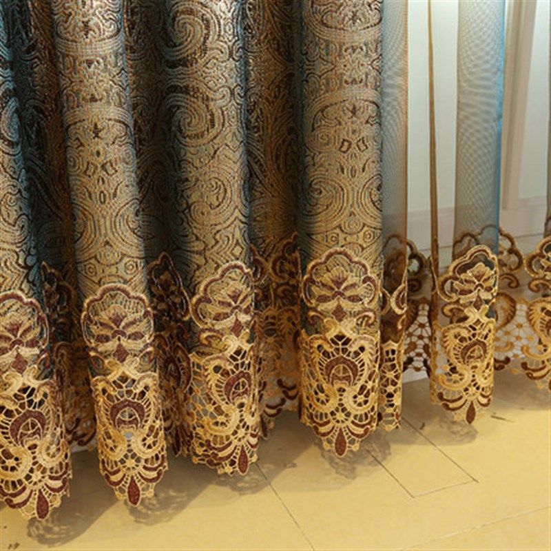 金丝面料提花f底布别墅客厅奢华欧式镂空绣花窗帘成品订制高档咖