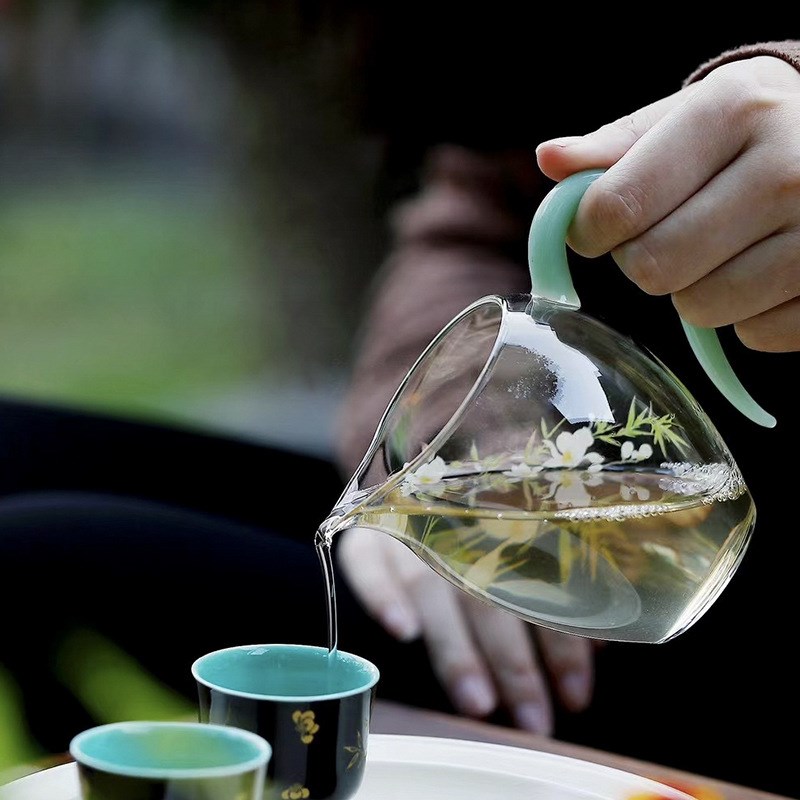 磐皿天青玉高透玻璃公道杯x加厚耐热分茶器茶海带手把功夫茶具