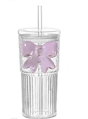 竖纹高硼硅玻璃g-454吸管条杯大容量少奶女茶果杯创汁意高颜值蝴