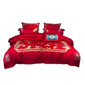 子H1092图婚庆四件套喜用庆大红贡缎刺绣子孙喜被纯棉百子被结百