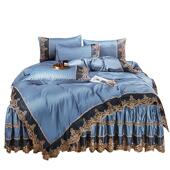 欧轻奢冰丝夹棉床缎裙款 四件套贡被边套床罩丝滑式 蕾02158968丝花