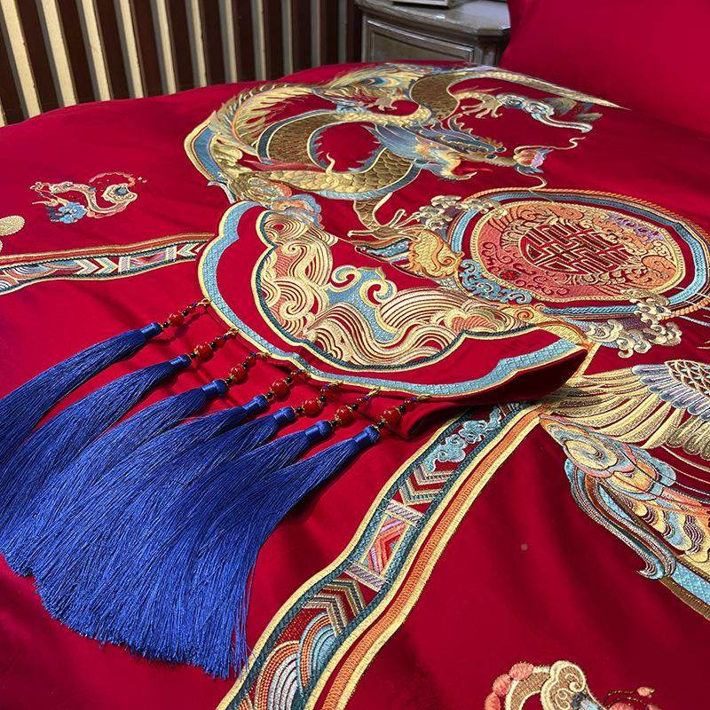 九喜色狐婚庆家纺新热销龙凤刺绣新婚床上用品红大备婚H1121四品,床上用品,婚庆床品套件,淘宝优惠券,粉丝福利购,淘宝优惠卷