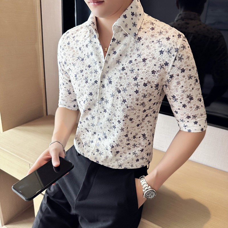 速发高级感V领碎花男休闲商务正装蕾丝镂空透气中袖衬衣