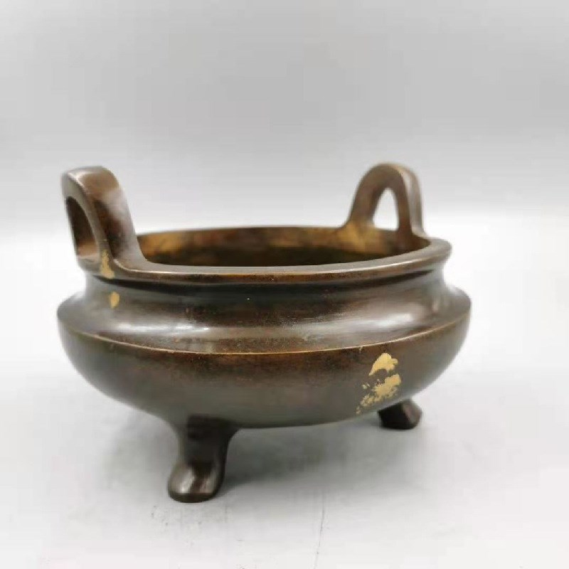 速发黄铜明金大圆檀香炉古典铜色熏香炉明清仿古大点宣德耳香炉
